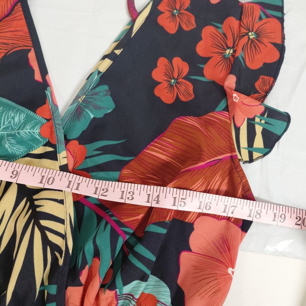 Tropical Floral V-Neck Ruffle Mini Dress Flutter Sleeve Tie Back High Waist ?Lg? - Picture 9 of 14